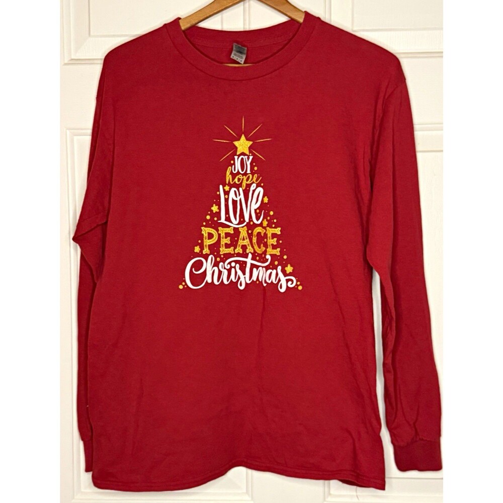 Gildan Heavy Cotton Red Long Sleeve Crew Neck Glitter Christmas Graphic Tee M